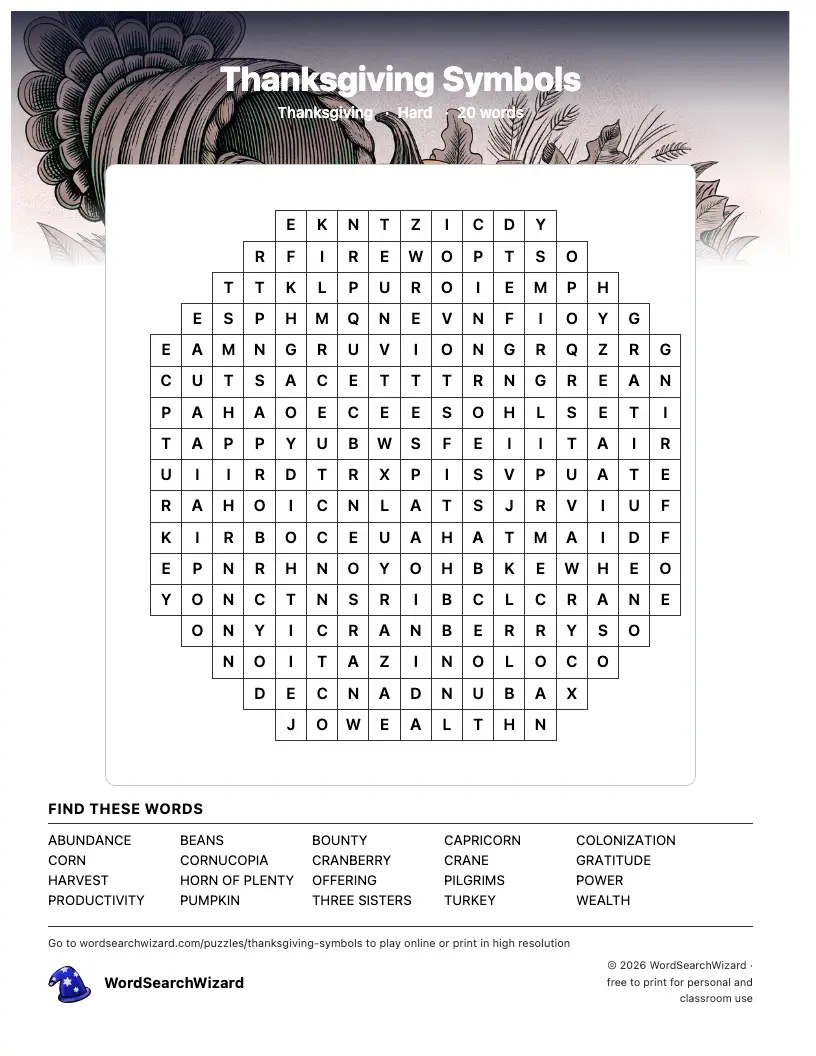 Thanksgiving Symbols word search printable sheet, 20 words to find