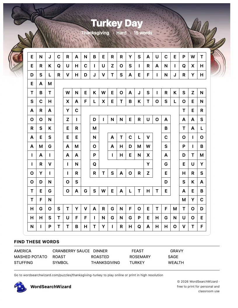 Turkey Day word search printable sheet, 15 words to find