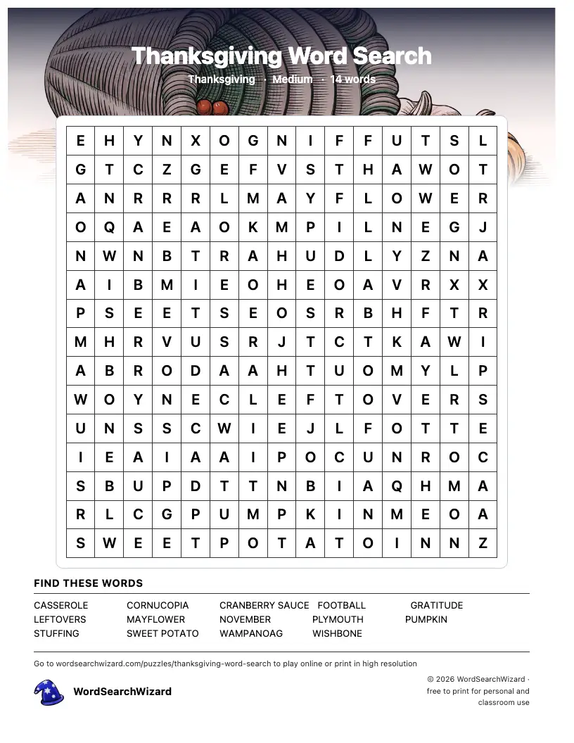 Thanksgiving word search printable sheet, 14 words to find