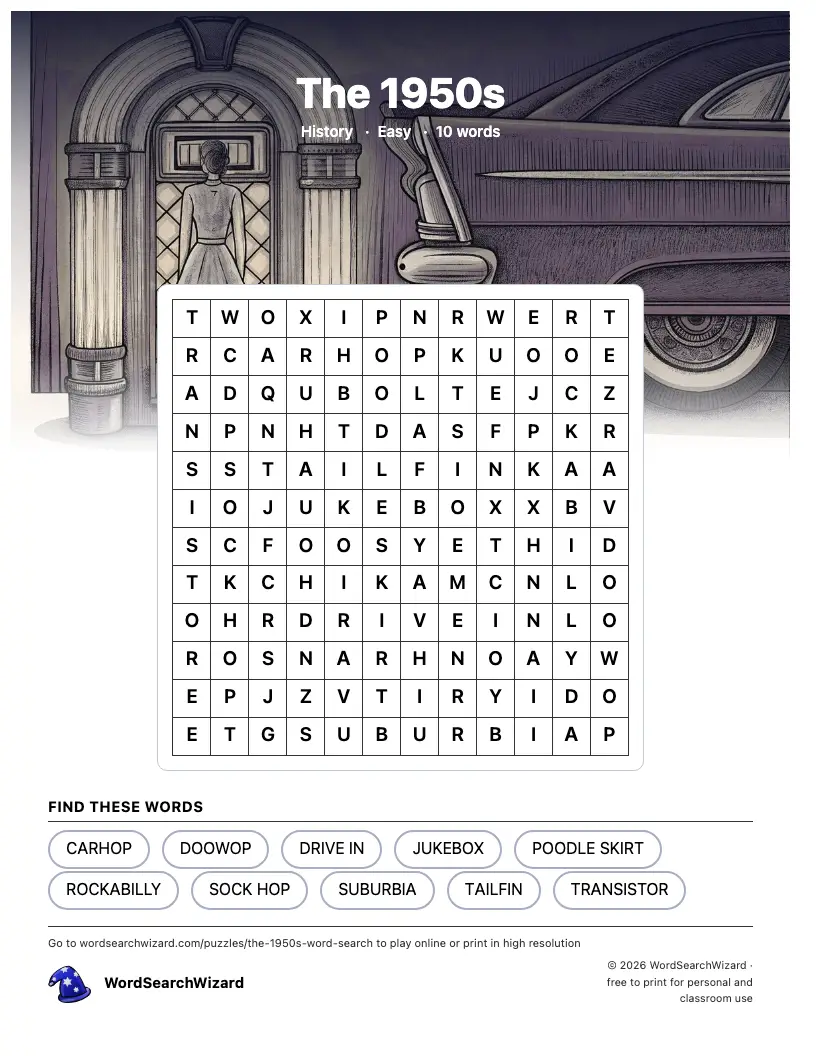 The 1950s word search printable sheet, 10 words to find