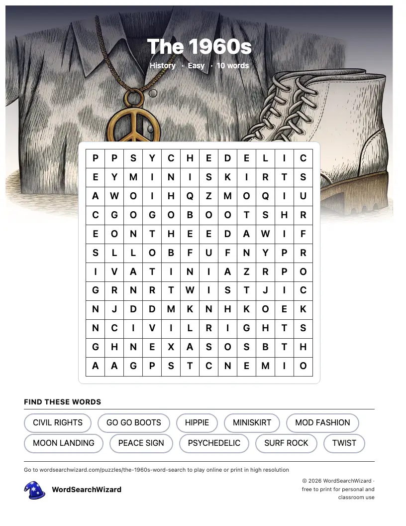 The 1960s word search printable sheet, 10 words to find