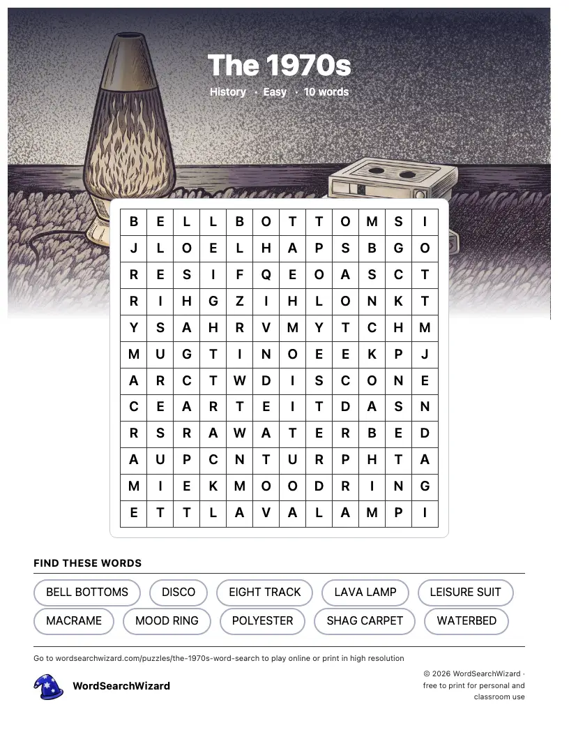 The 1970s word search printable sheet, 10 words to find