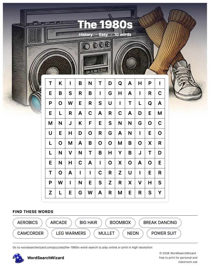 The 1980s word search printable sheet, 10 words to find