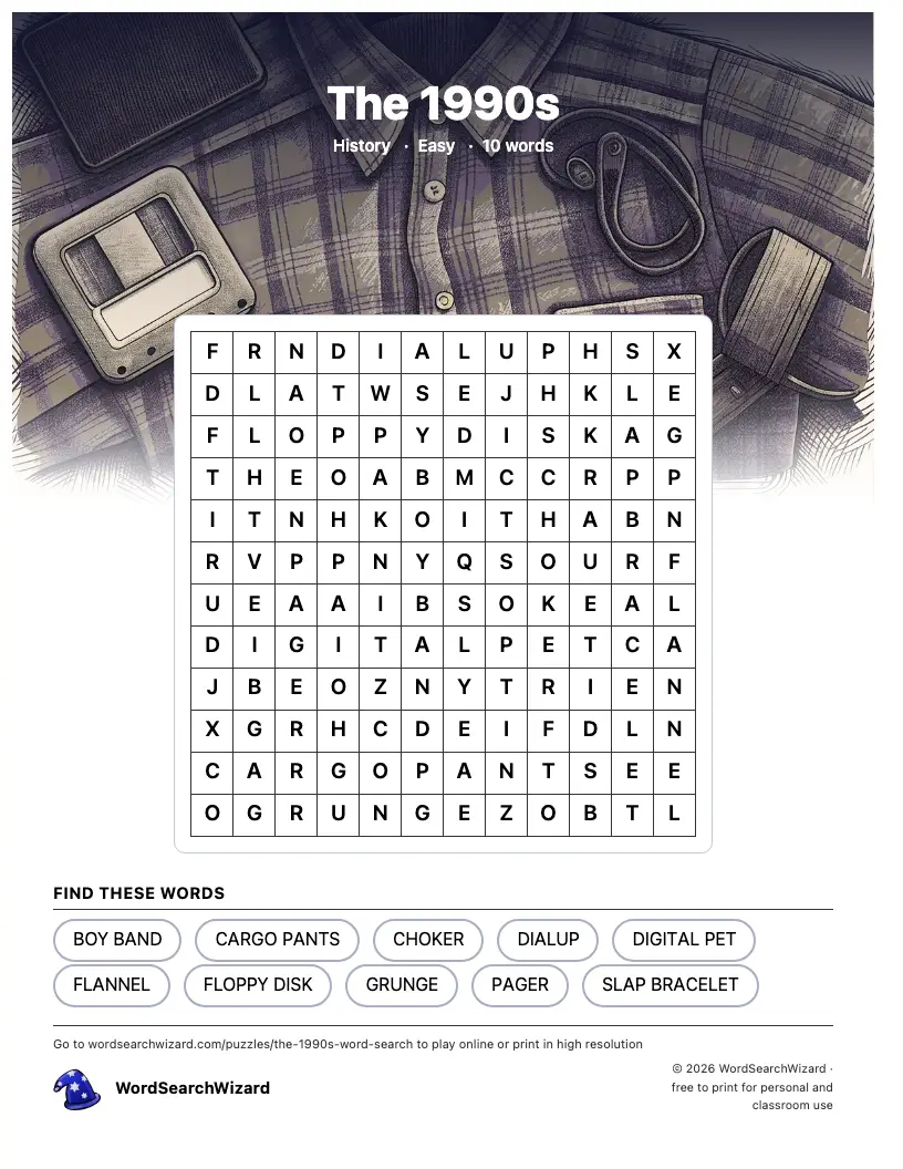 The 1990s word search printable sheet, 10 words to find