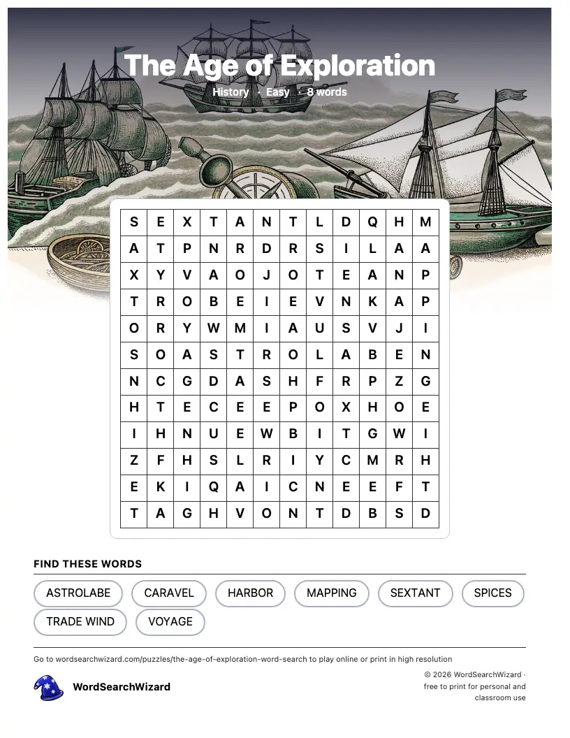 The Age of Exploration word search printable sheet, 8 words to find