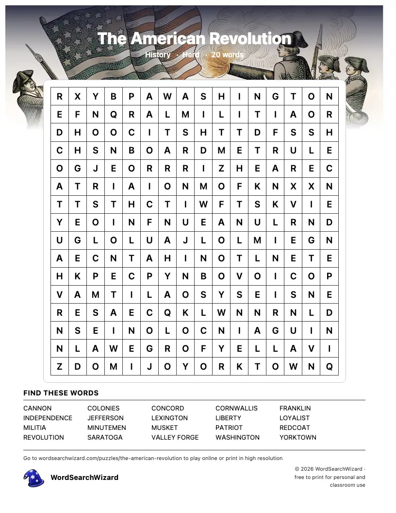 The American Revolution word search printable sheet, 20 words to find