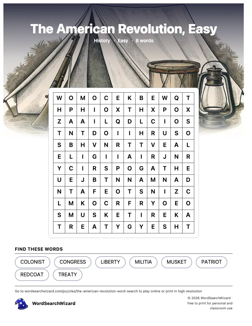 The American Revolution, Easy word search printable sheet, 8 words to find