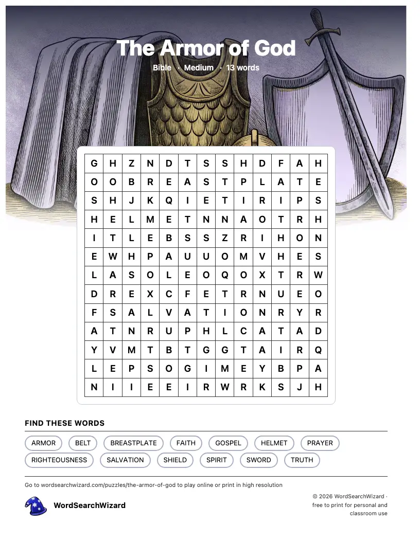 The Armor of God word search printable sheet, 13 words to find