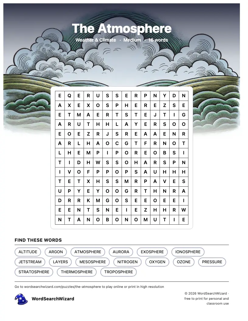The Atmosphere word search printable sheet, 16 words to find