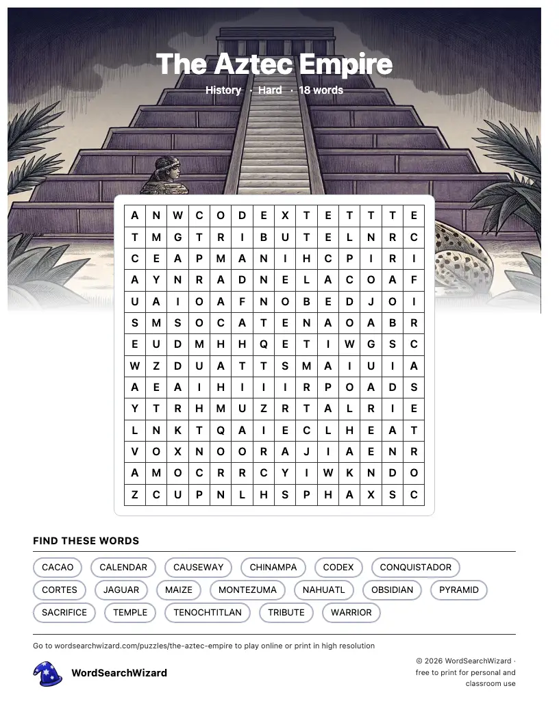 The Aztec Empire word search printable sheet, 18 words to find