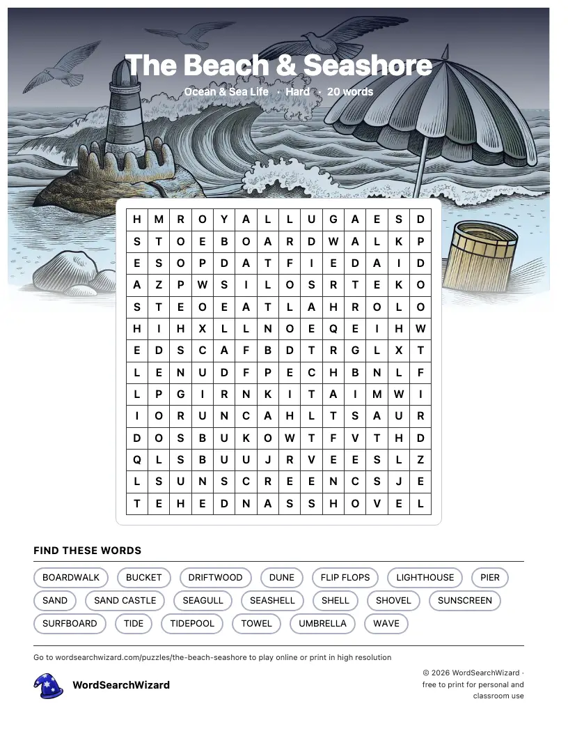 The Beach & Seashore word search printable sheet, 20 words to find
