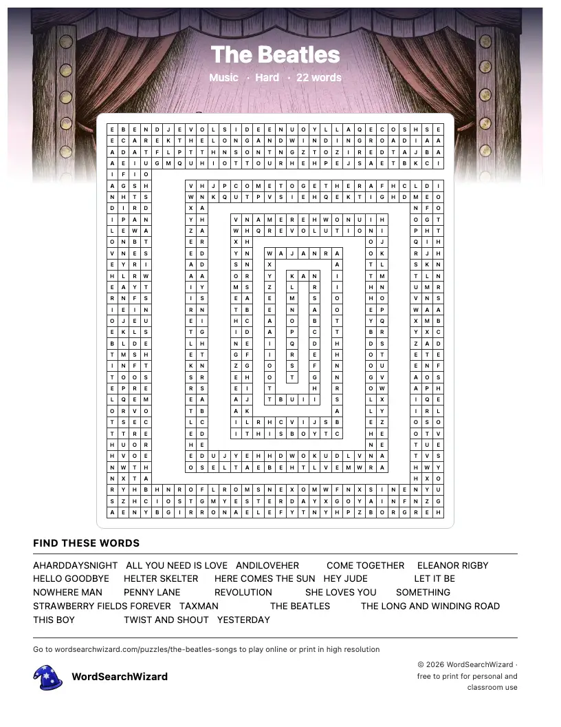 The Beatles word search printable sheet, 22 words to find