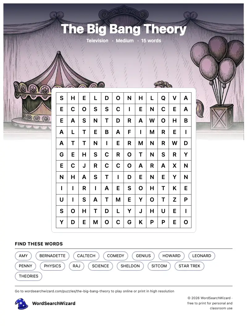 The Big Bang Theory word search printable sheet, 15 words to find