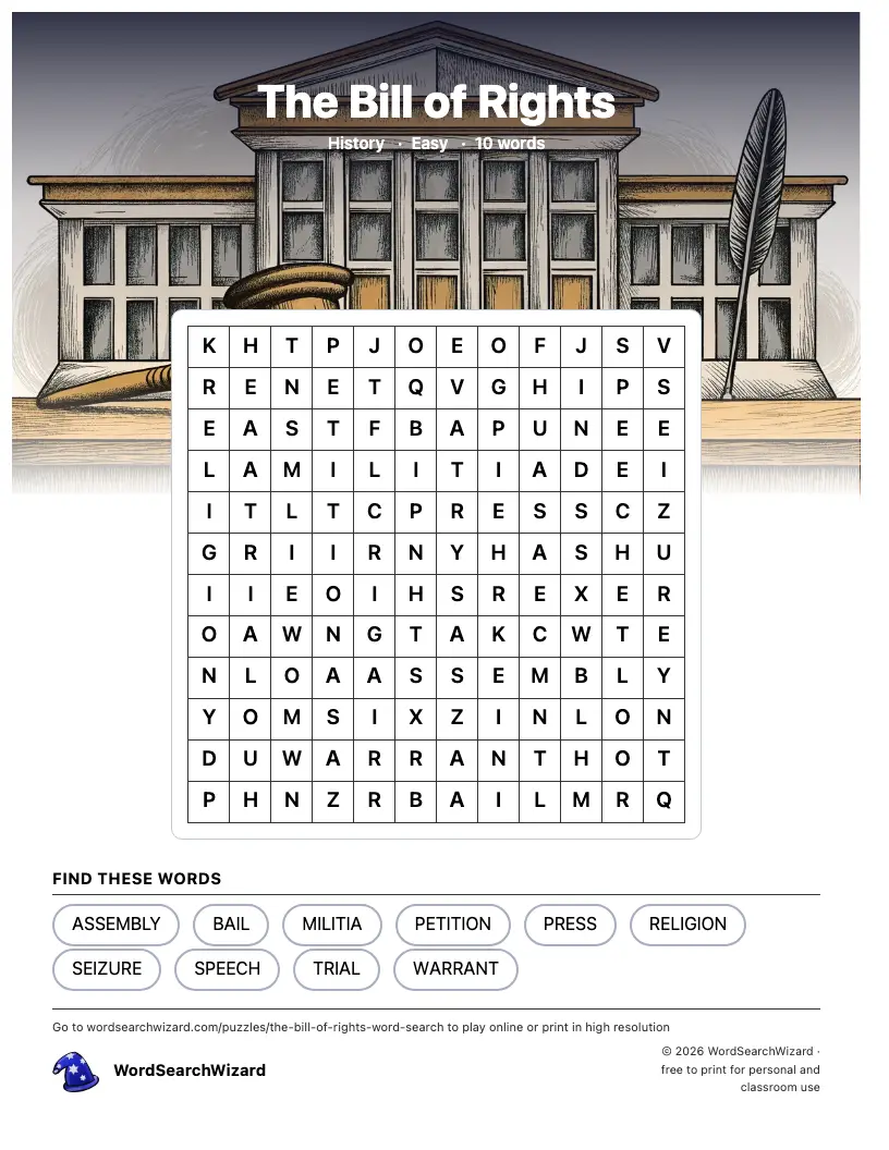 The Bill of Rights word search printable sheet, 10 words to find