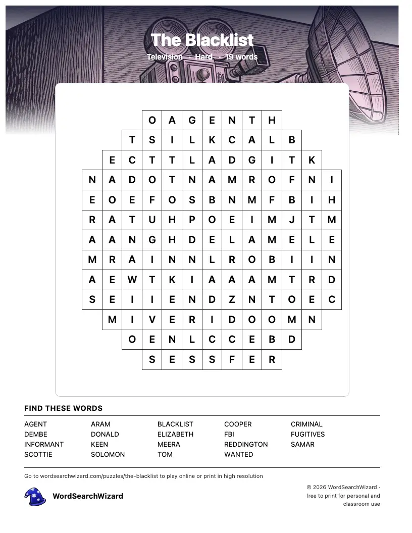 The Blacklist word search printable sheet, 19 words to find