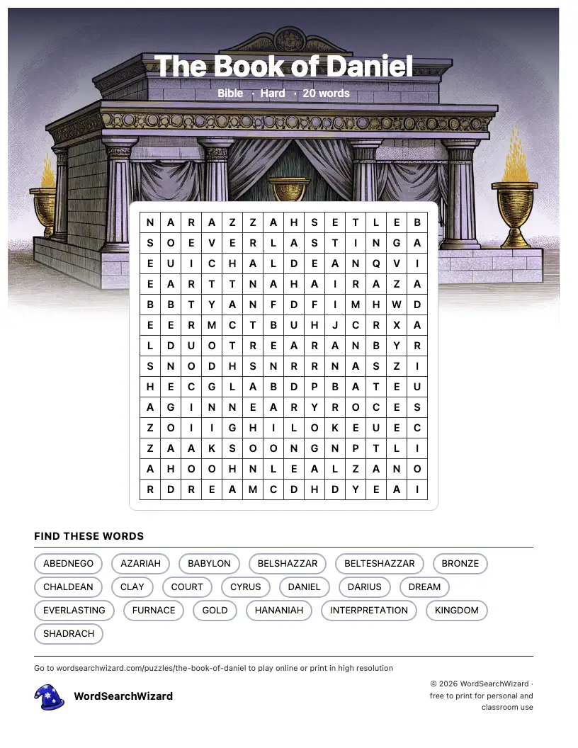 The Book of Daniel word search printable sheet, 20 words to find
