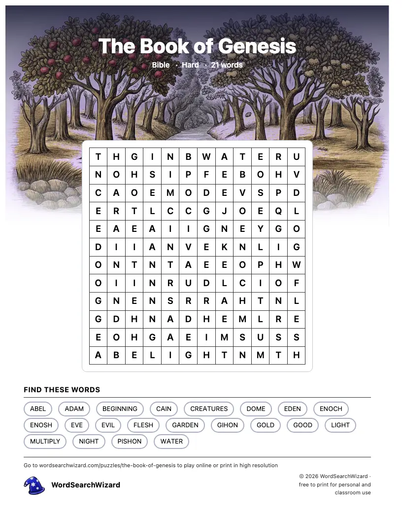 The Book of Genesis word search printable sheet, 21 words to find