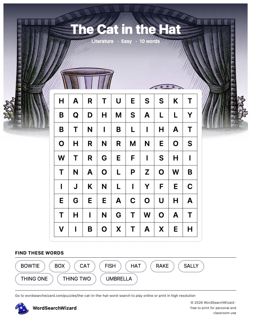 The Cat in the Hat word search printable sheet, 10 words to find