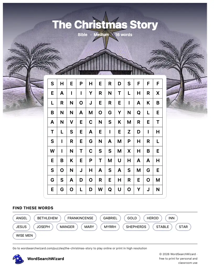 The Christmas Story word search printable sheet, 16 words to find