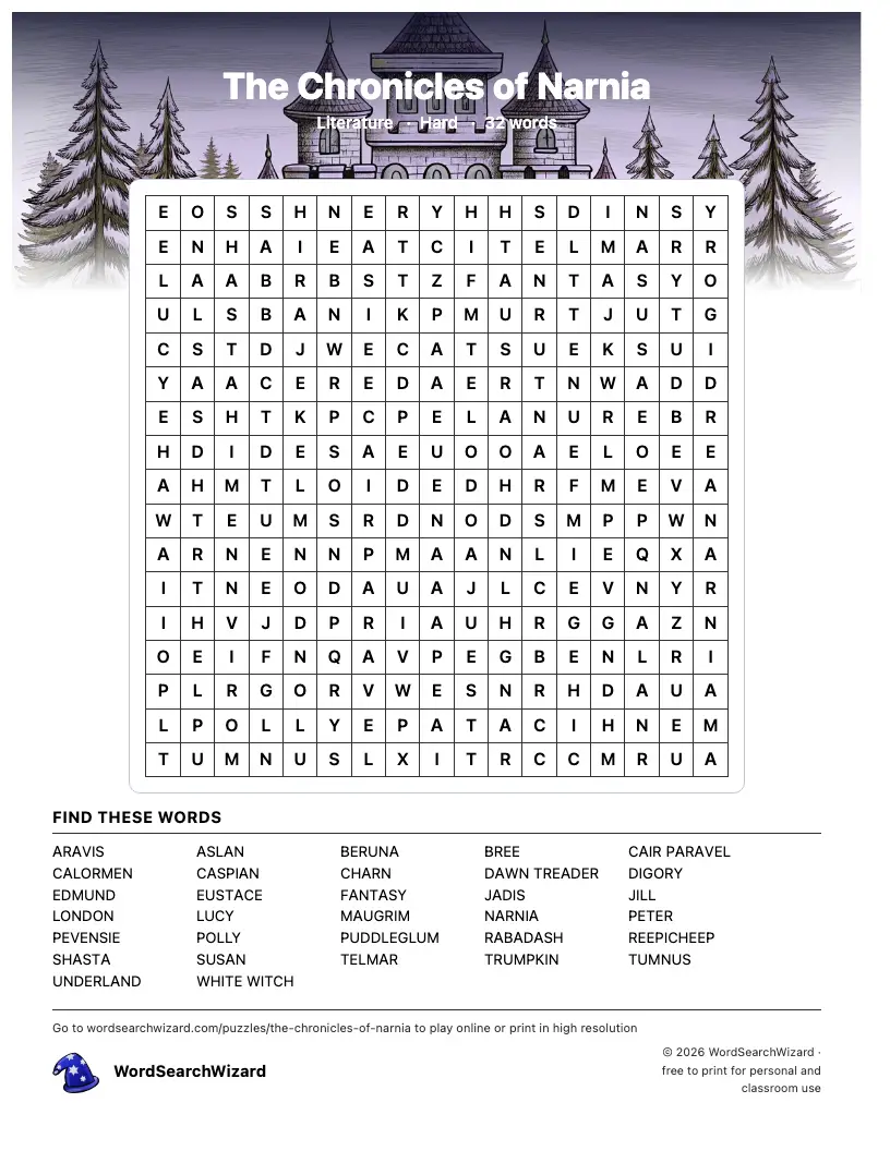 The Chronicles of Narnia word search printable sheet, 32 words to find