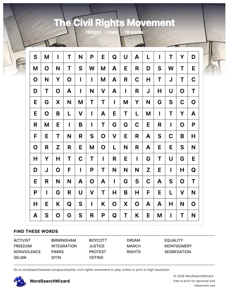 The Civil Rights Movement word search printable sheet, 18 words to find