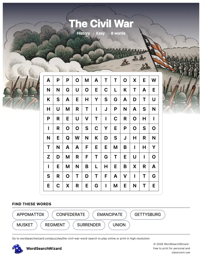 The Civil War word search printable sheet, 8 words to find