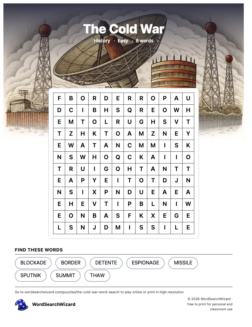 The Cold War word search printable sheet, 8 words to find