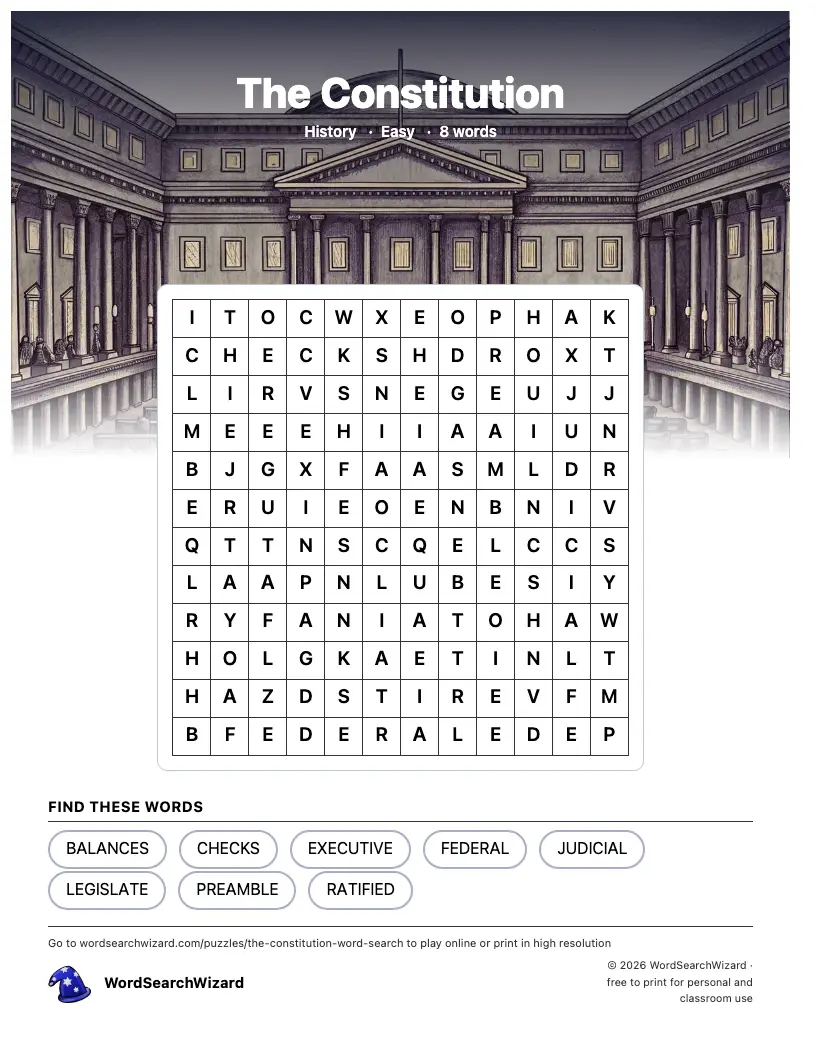 The Constitution word search printable sheet, 8 words to find