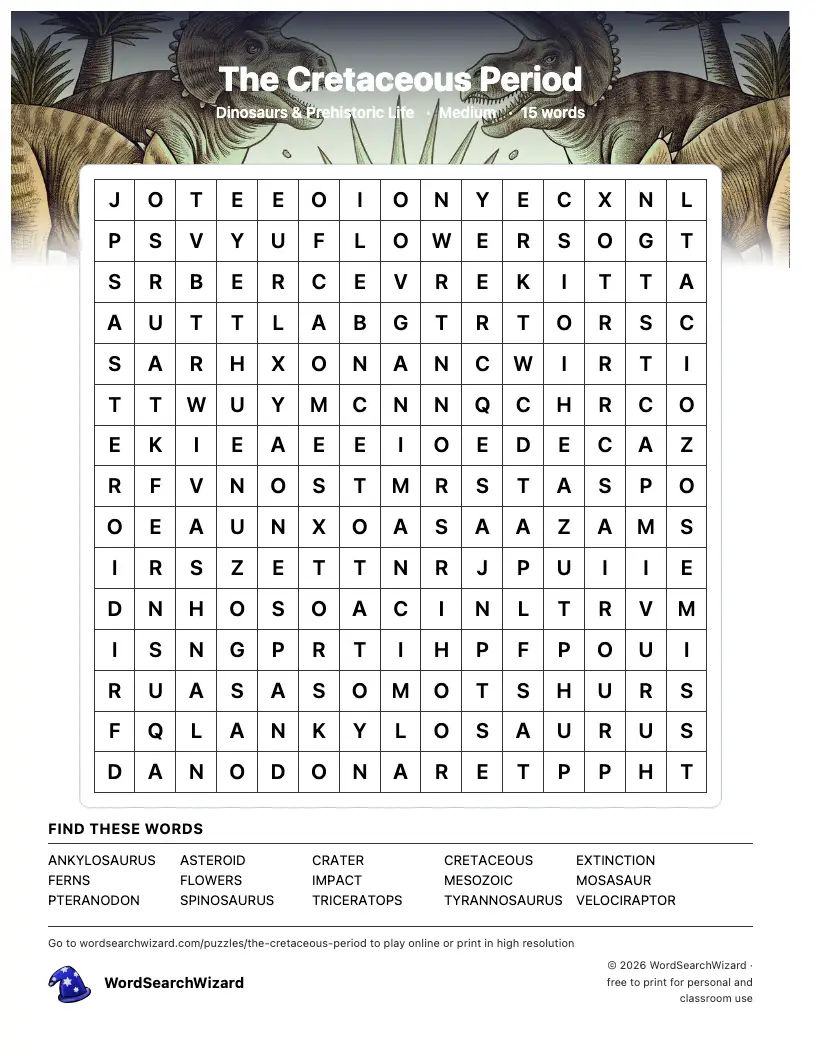 The Cretaceous Period word search printable sheet, 15 words to find
