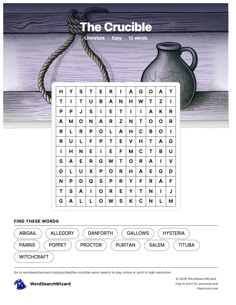 The Crucible word search printable sheet, 12 words to find