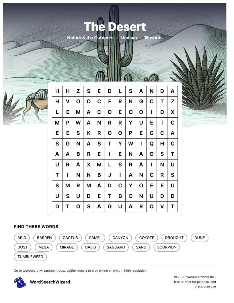 The Desert word search printable sheet, 16 words to find
