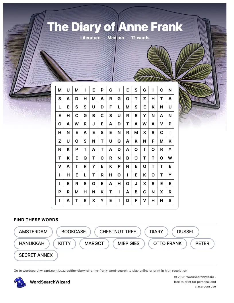 The Diary of Anne Frank word search printable sheet, 12 words to find