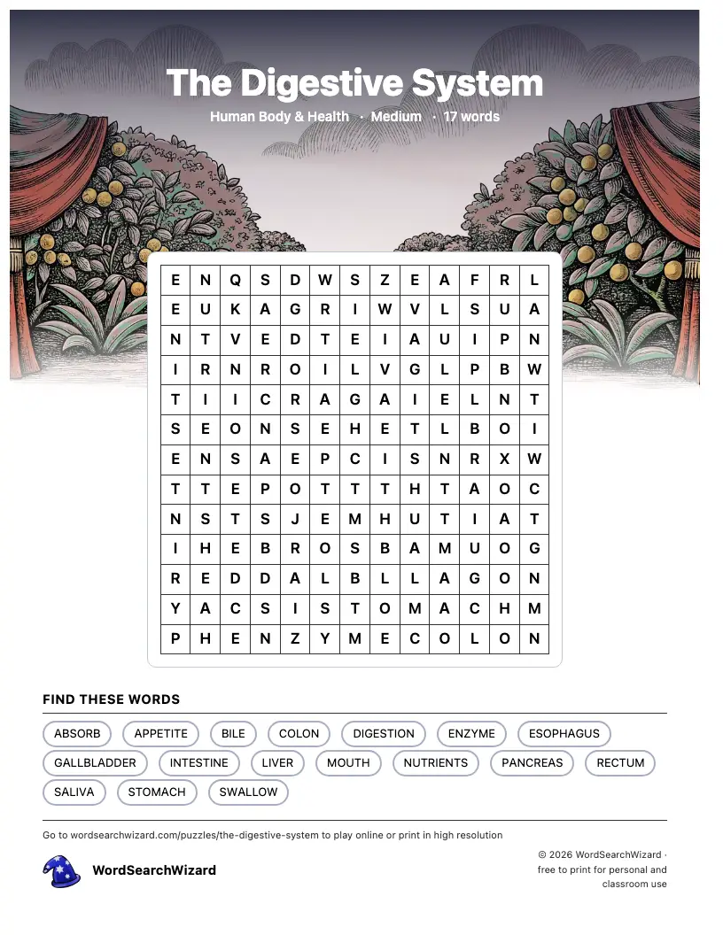 The Digestive System word search printable sheet, 17 words to find
