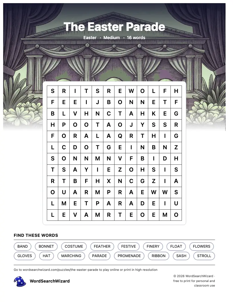 The Easter Parade word search printable sheet, 16 words to find