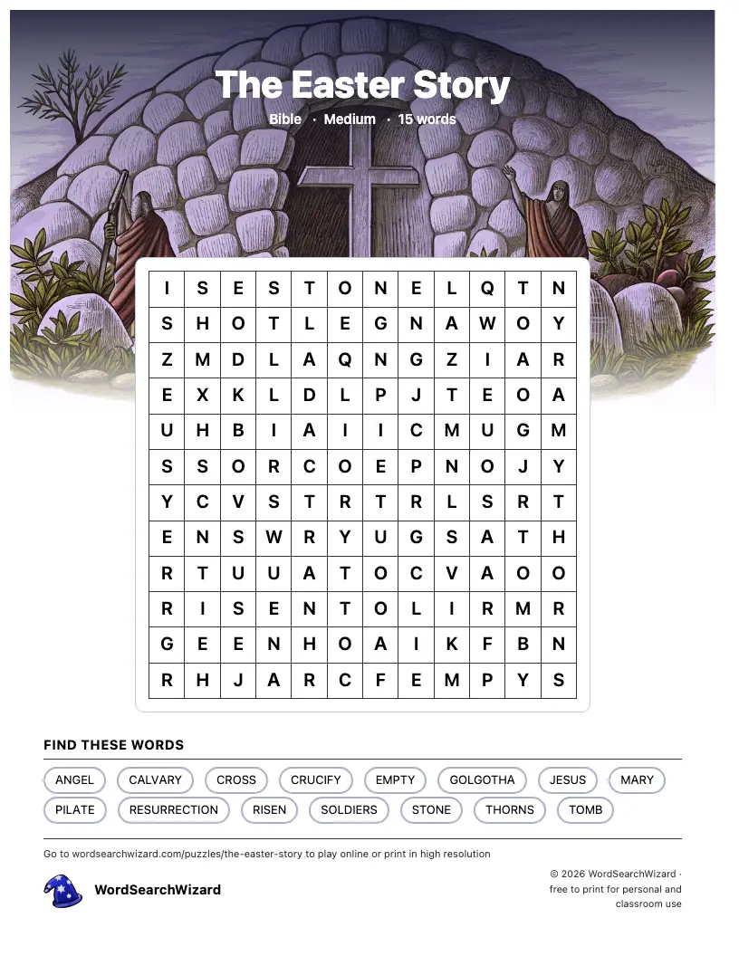 The Easter Story word search printable sheet, 15 words to find