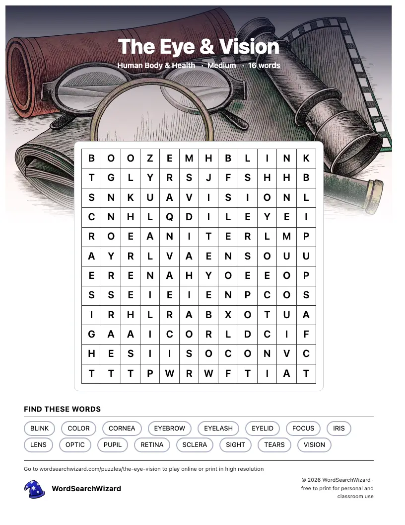 The Eye & Vision word search printable sheet, 16 words to find