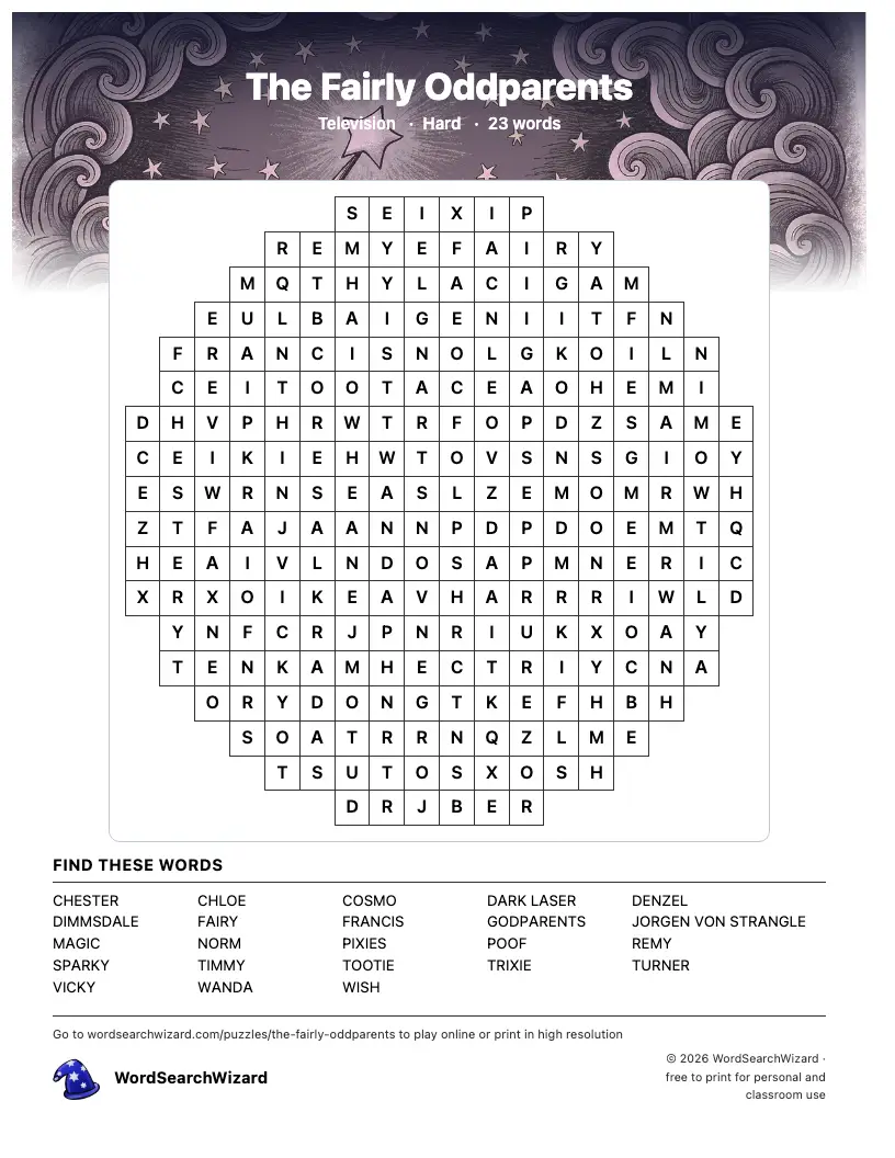 The Fairly Oddparents word search printable sheet, 23 words to find