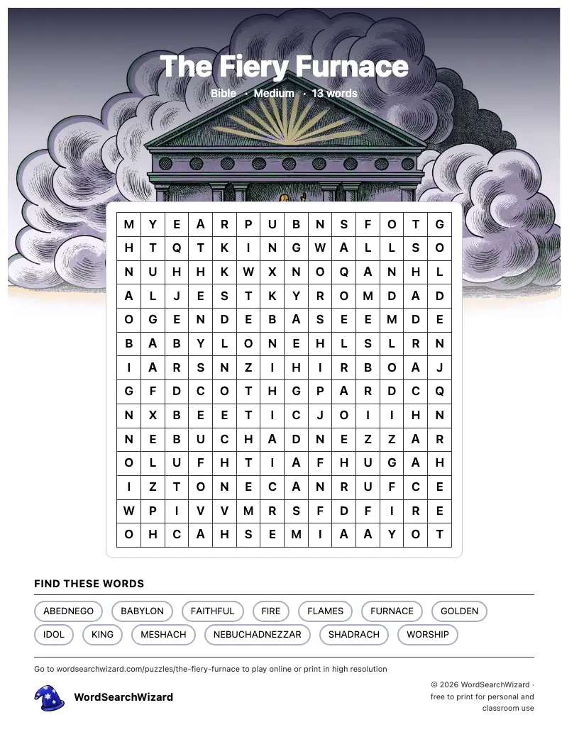 The Fiery Furnace word search printable sheet, 13 words to find