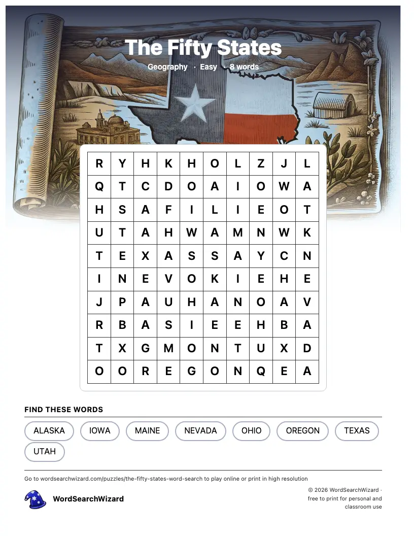The Fifty States word search printable sheet, 8 words to find