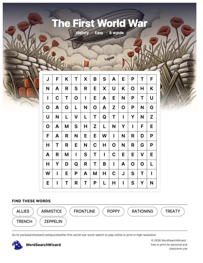 The First World War word search printable sheet, 8 words to find