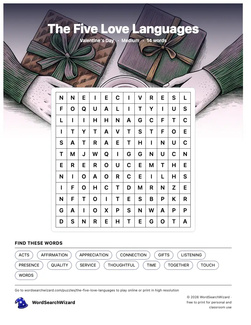 The Five Love Languages word search printable sheet, 14 words to find