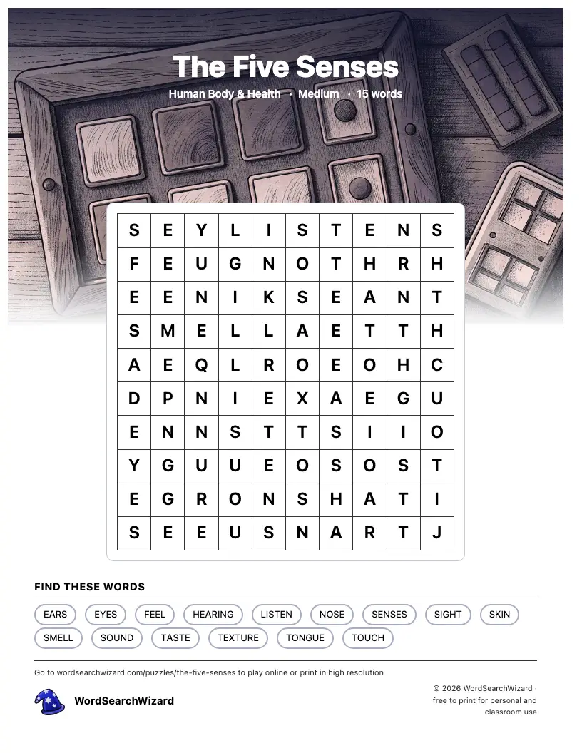 The Five Senses word search printable sheet, 15 words to find