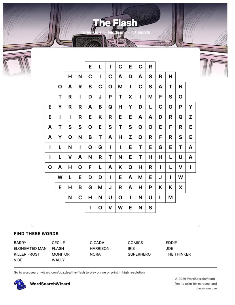 The Flash word search printable sheet, 17 words to find
