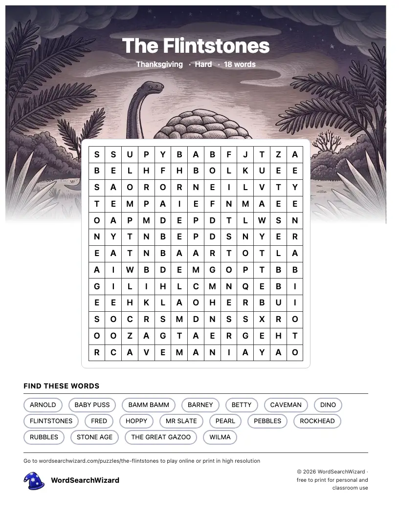 The Flintstones word search printable sheet, 18 words to find