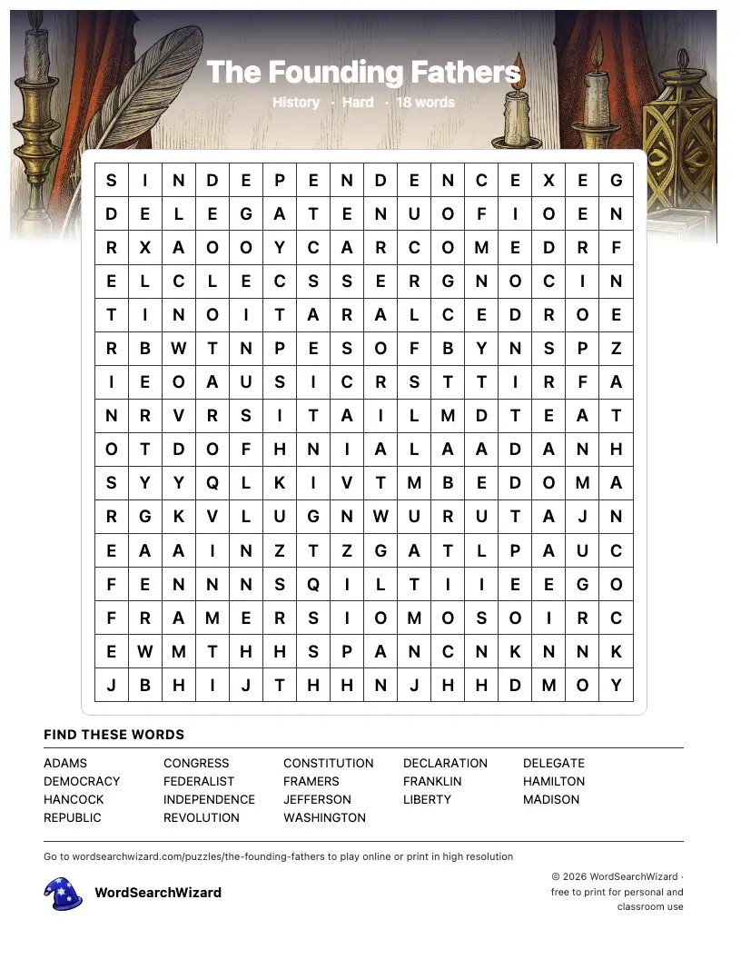 The Founding Fathers word search printable sheet, 18 words to find
