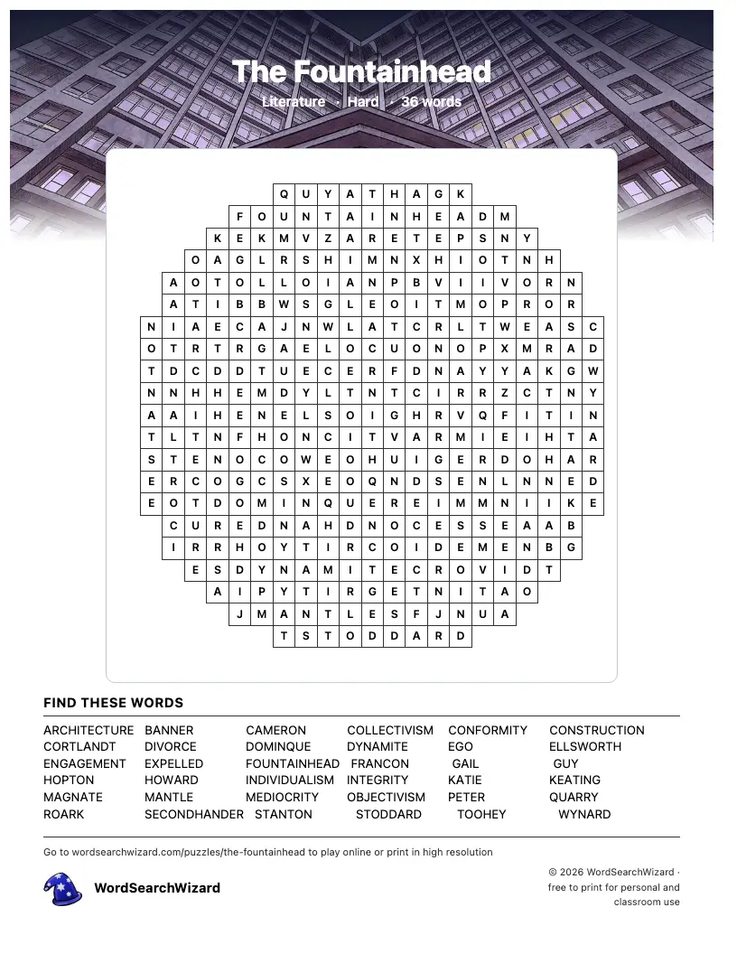 The Fountainhead word search printable sheet, 36 words to find