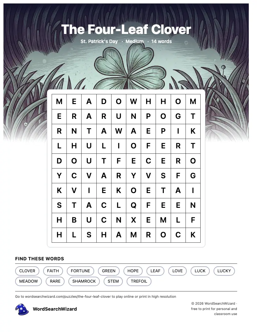 The Four-Leaf Clover word search printable sheet, 14 words to find