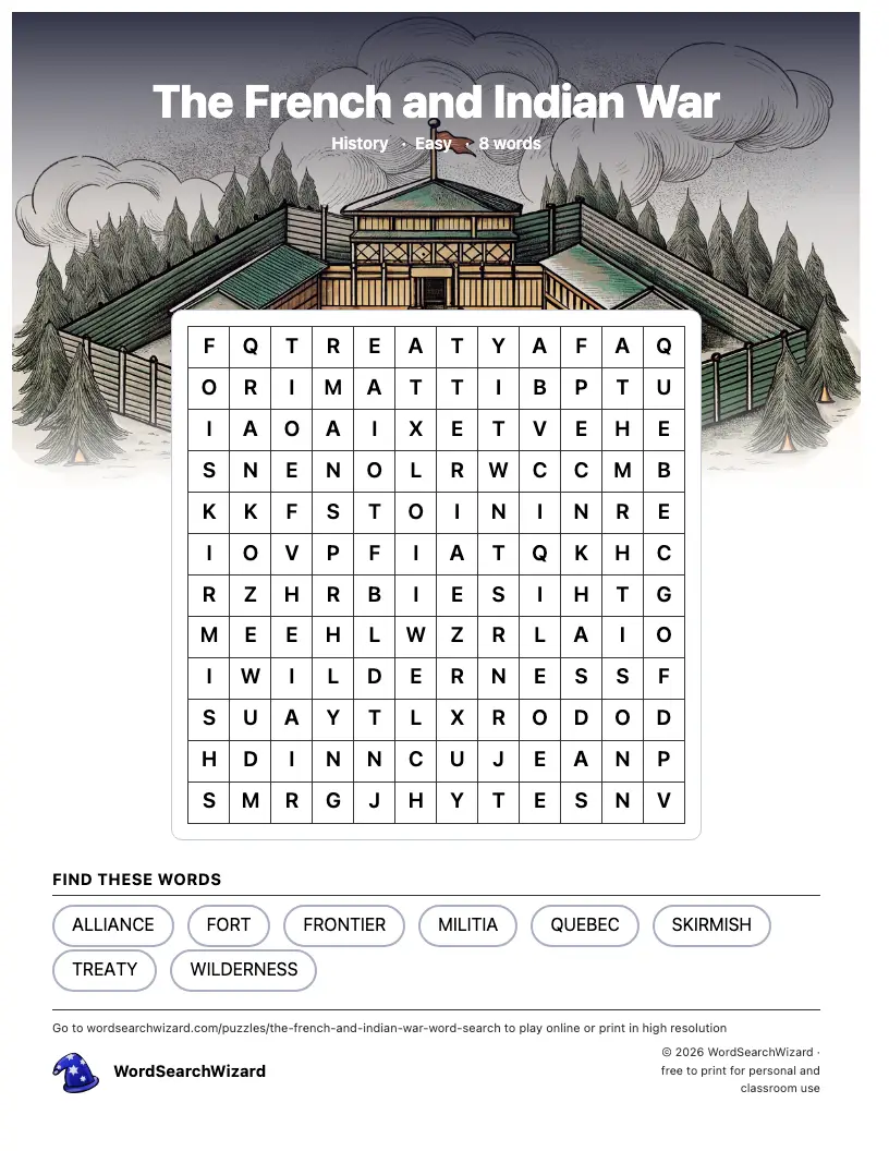 The French and Indian War word search printable sheet, 8 words to find