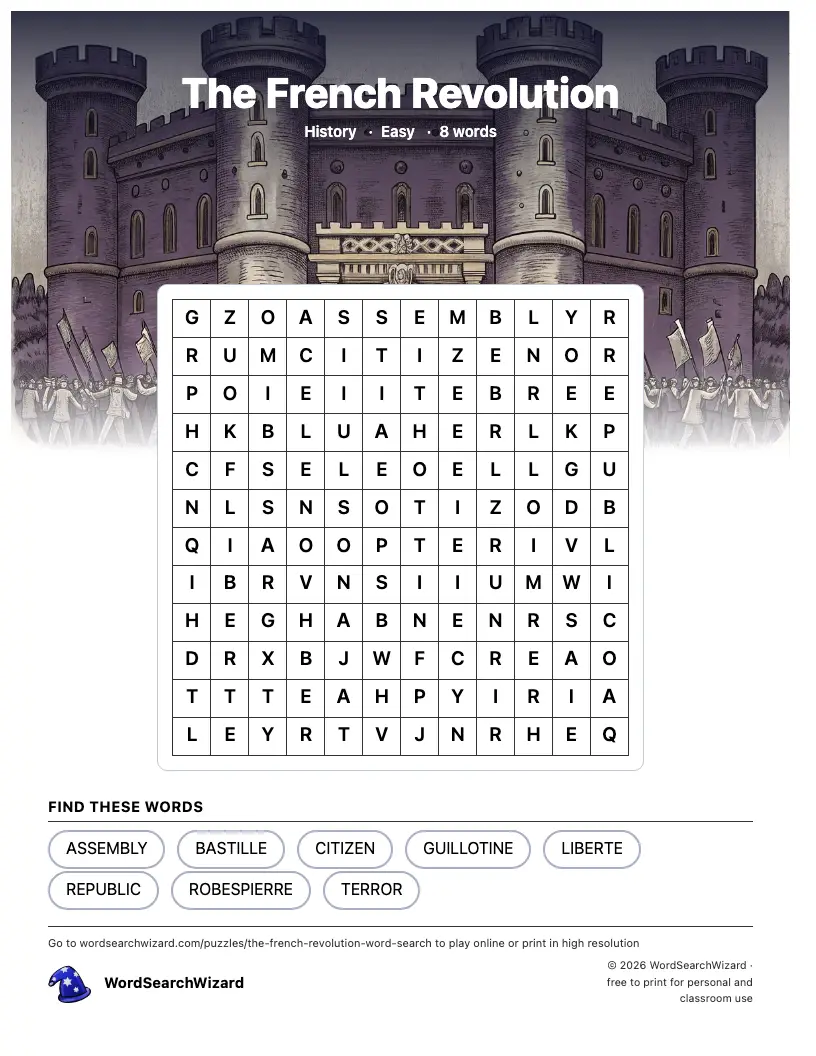 The French Revolution word search printable sheet, 8 words to find