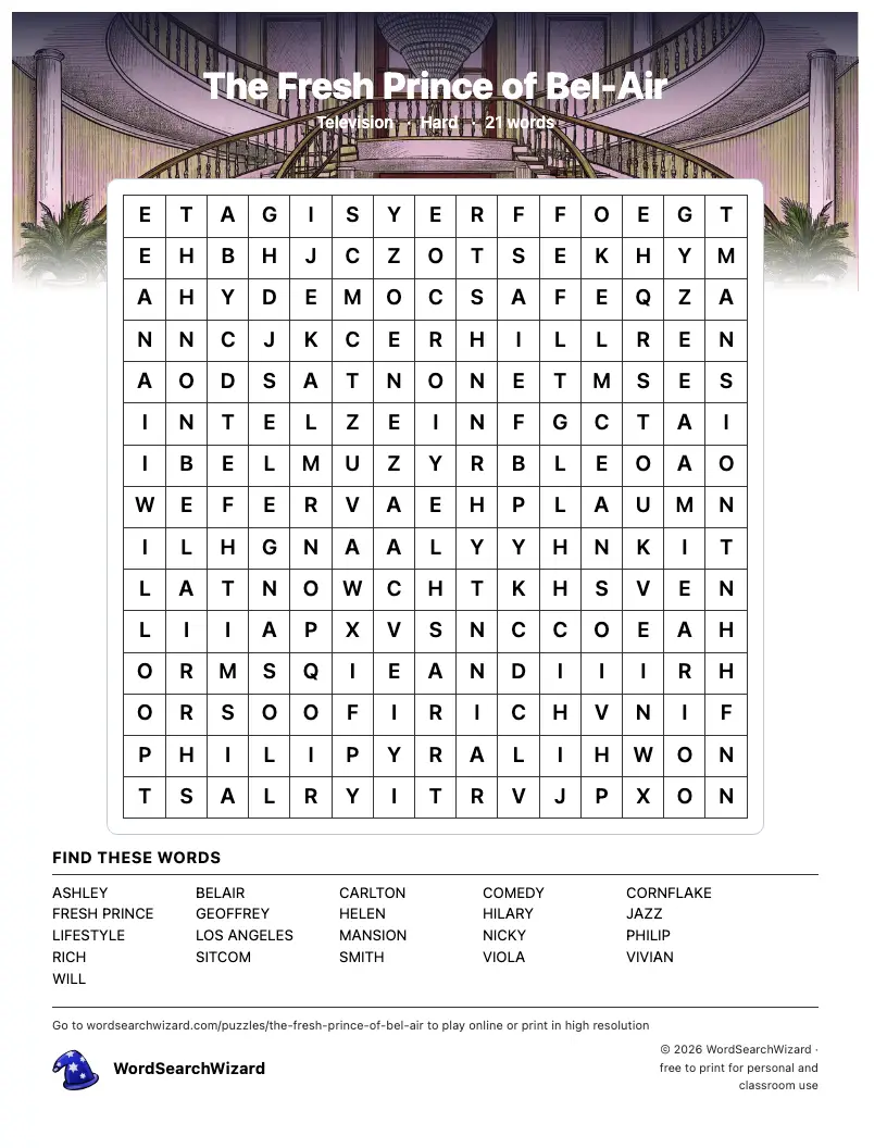 The Fresh Prince of Bel-Air word search printable sheet, 21 words to find